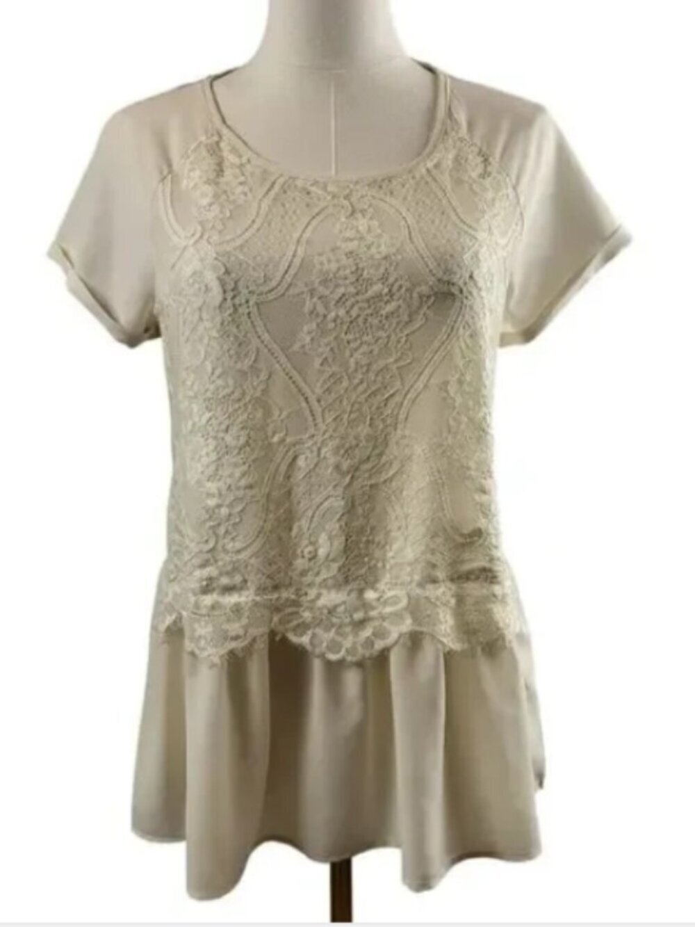 Rewind Medium Off-White Sheer Lace Blouse Peplum Short Sleeve Pullover Boho - Picture 3 of 16